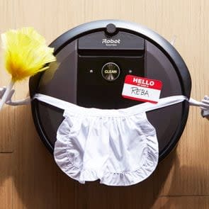 overhead view of a roomba on a wooden floor - roomba has an apron, nametag, and arms holding a feather duster and dust bin