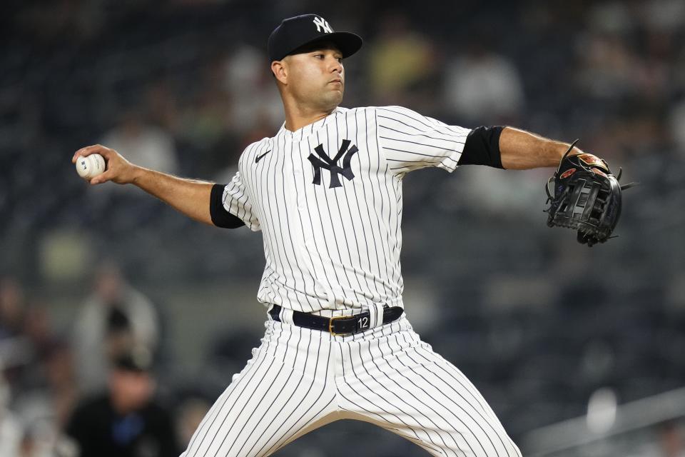 New York Yankees' Isiah Kiner-Falefa pitches ninth inning of a baseball game against the Baltimore Orioles Thursday, July 6, 2023, in New York. (AP Photo/Frank Franklin II)