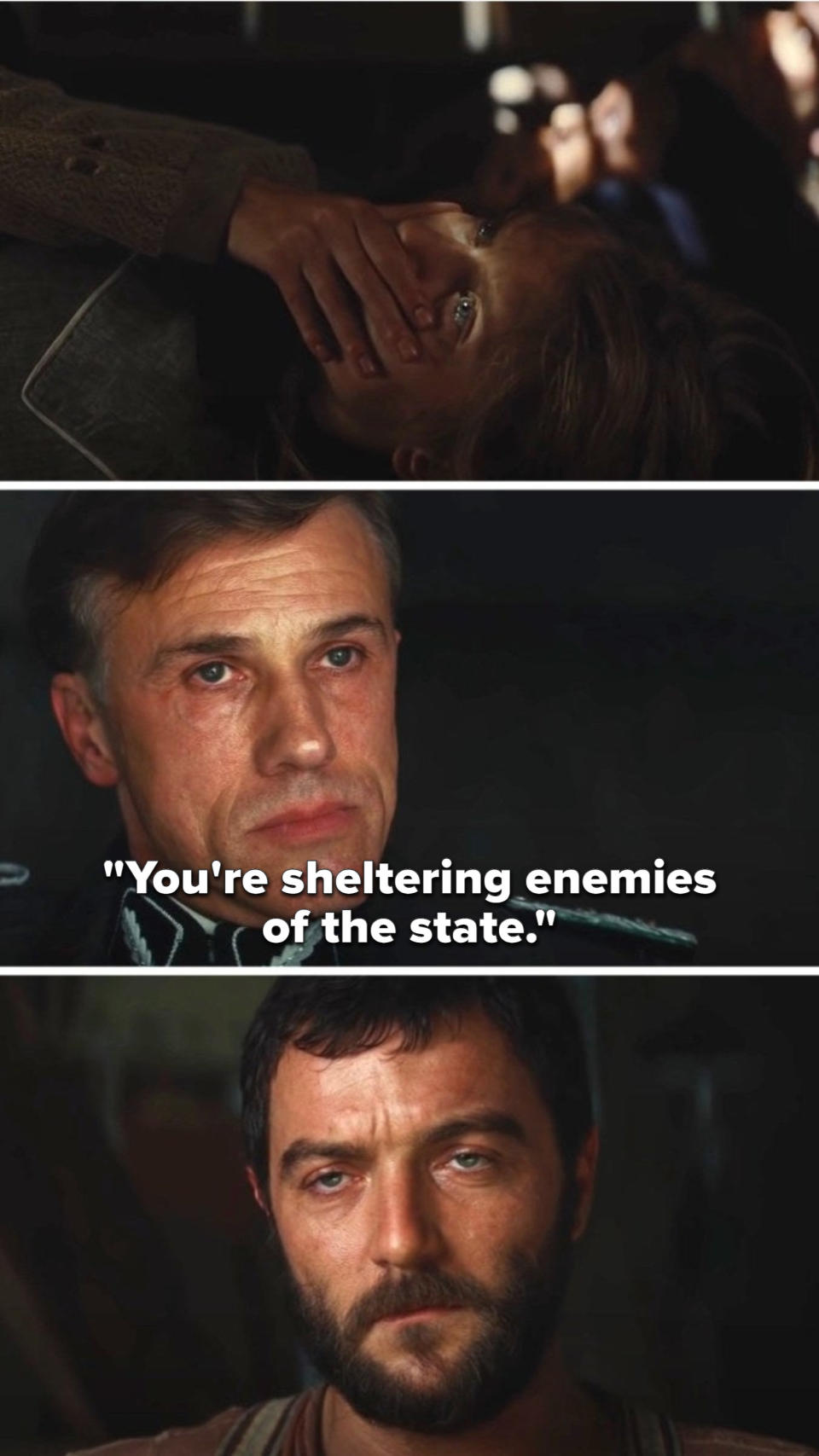 Hans Landa says "You're sheltering enemies of the state" to the farmer as the Jewish family hides below the floorboards