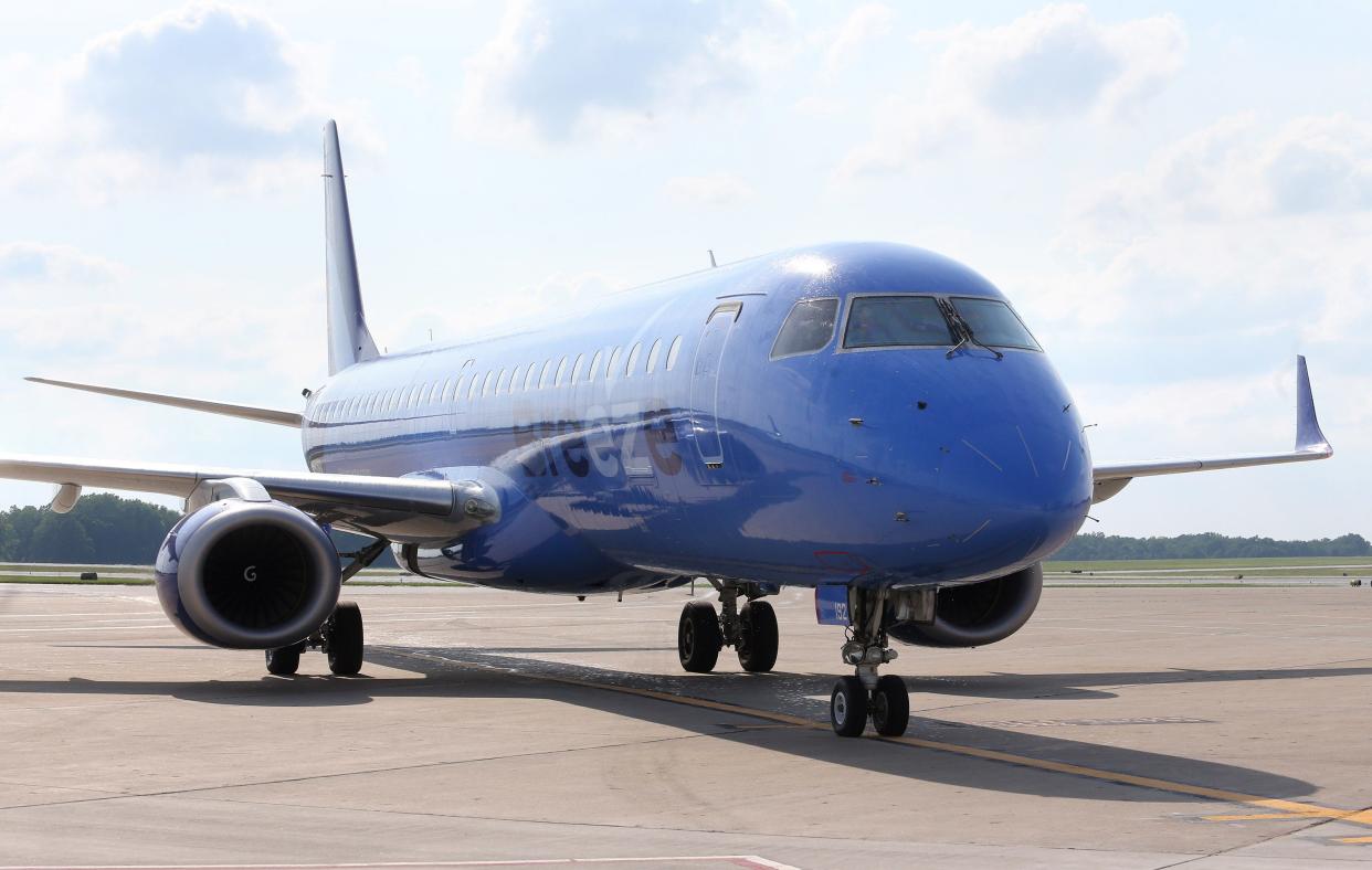 A Breeze Airways jet taxis at Akron-Canton Airport. The new airline is adding a direct Las Vegas flight from Akron-Canton starting in October.