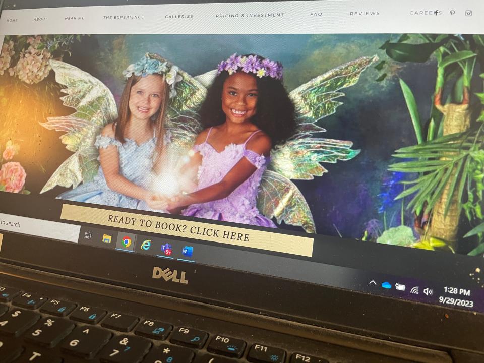 The Enchanted Fairies website shows children in fairy costumes posing for photos with elaborate backgrounds. The images often entice families to fork over $25 for an appointment booking.