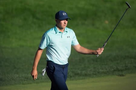 Jun 24, 2017; Cromwell, CT, USA; Jordan Spieth reacts after putting for a birdie on the 18th green during the third round of the Travelers Championship golf tournament at TPC River Highlands. Bill Streicher-USA TODAY Sports