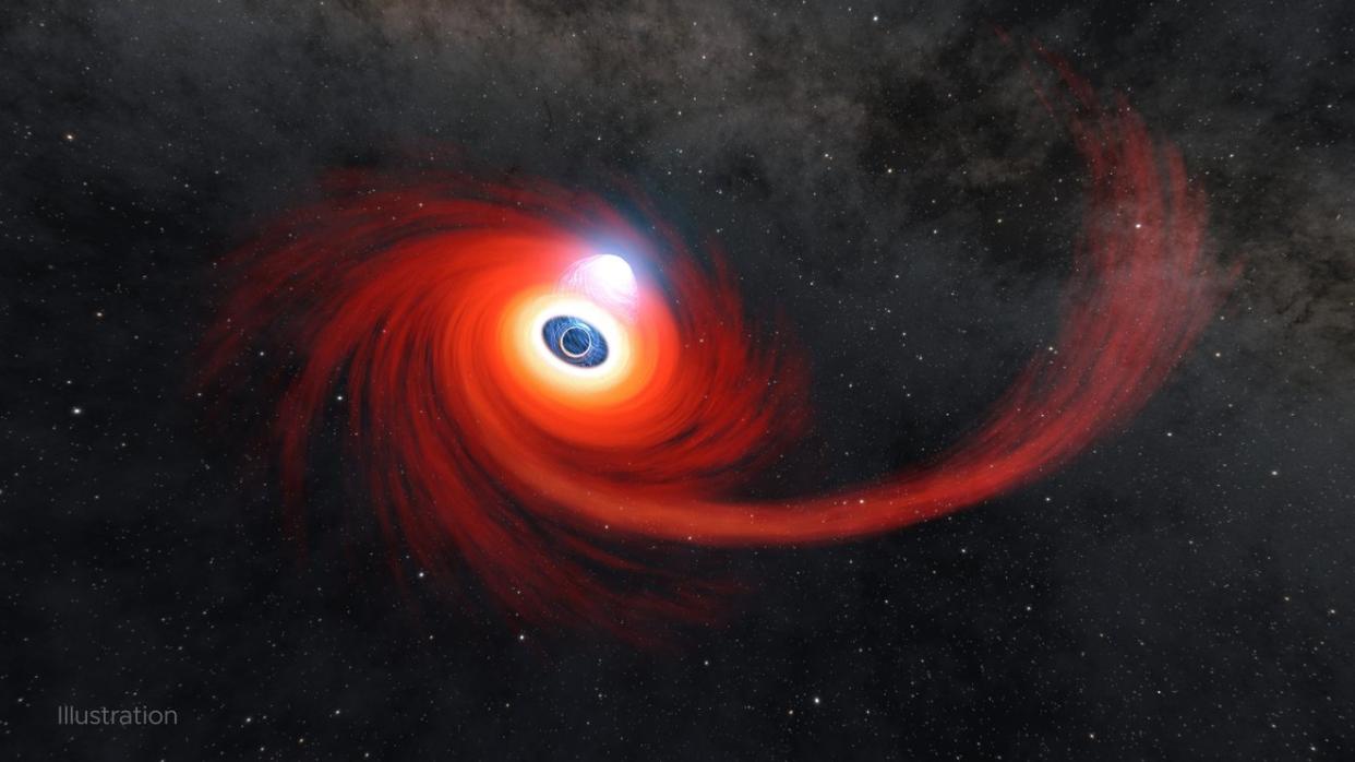  A black hole devouring a dead star experiences a "corona" of plasma in this tidal disruption event illustration. 