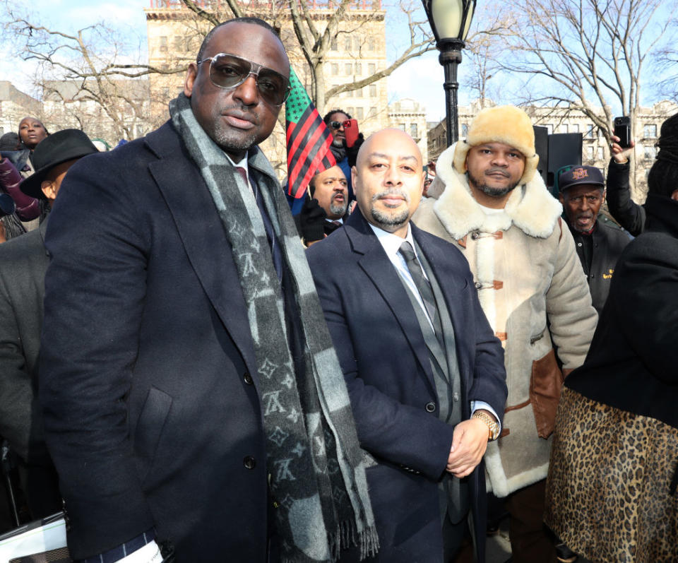 Three of the Central Park—Yusef Salaam, Raymond Santana, and Kevin Richardson—attend the unveiling of the "Gate of the Exonerated," in Harlem on Dec. 19, 2022 in New York City<span class="copyright">Johnny Nunez—WireImage</span>