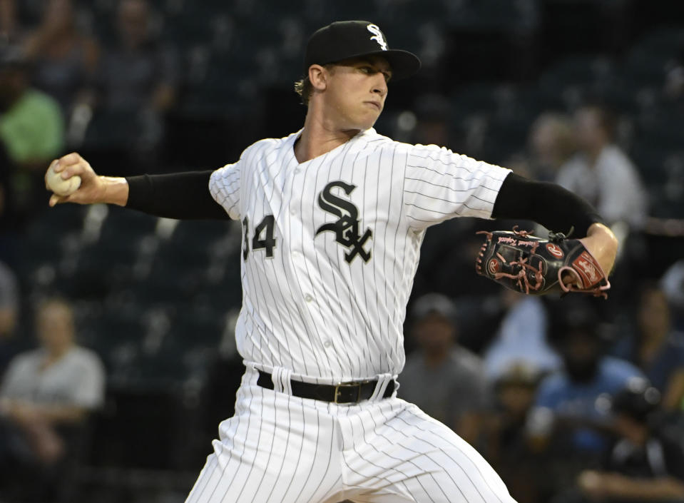 Chicago White Sox starting pitcher Michael Kopech (34) throws against the Detroit Tigers during the first inning of a baseball game, Wednesday, Sept. 5, 2018, in Chicago. (AP Photo/David Banks)