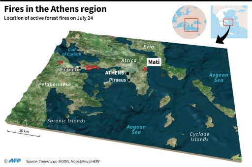 Map locating fires in the Athens regions as of July 24