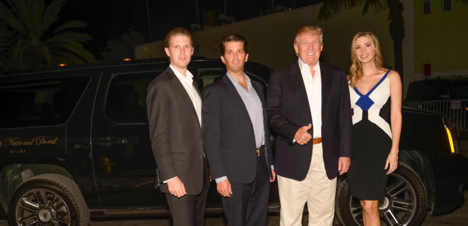 Eric Trump, Donald Trump, Jr., Donald Trump, and Ivanka Trump arrive to The Opening Drive Party at Hyde Beach on March 4, 2014 in Miami, Florida.