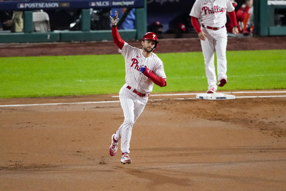 Philadelphia Phillies' Trea Turner rounds the bases after a home run against the Arizona Diamondbacks during the first inning in Game 2 of the baseball NL Championship Series in Philadelphia, Tuesday, Oct. 17, 2023. (AP Photo/Matt Rourke)