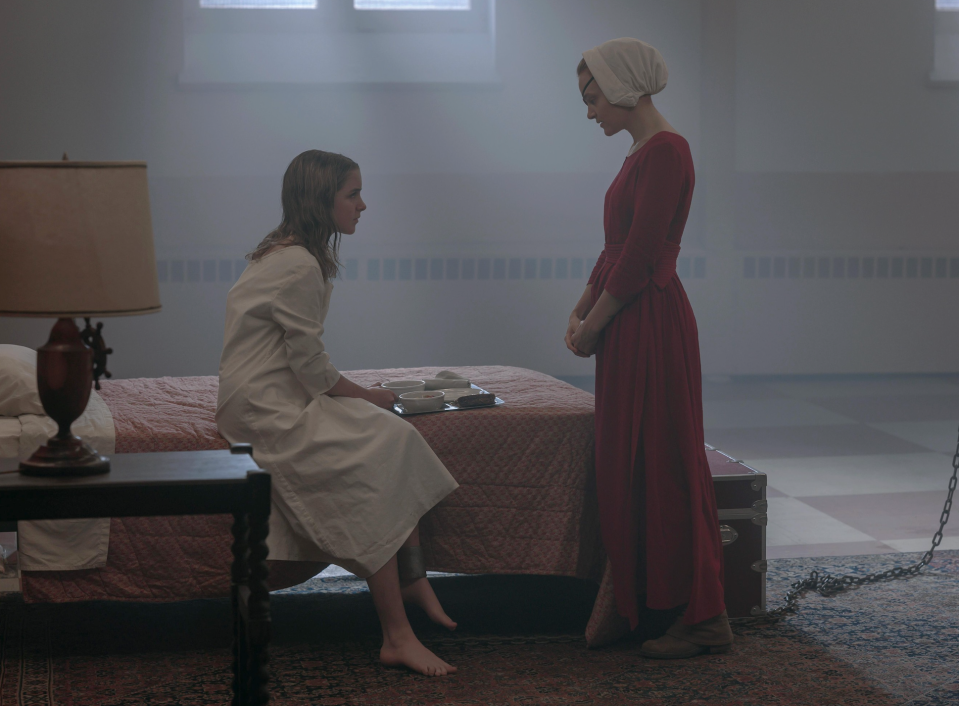 Grace and Madeline Brewer in The Handmaid's Tale. Grace was nominated for an Emmy for outstanding guest actress in a drama series for the role.