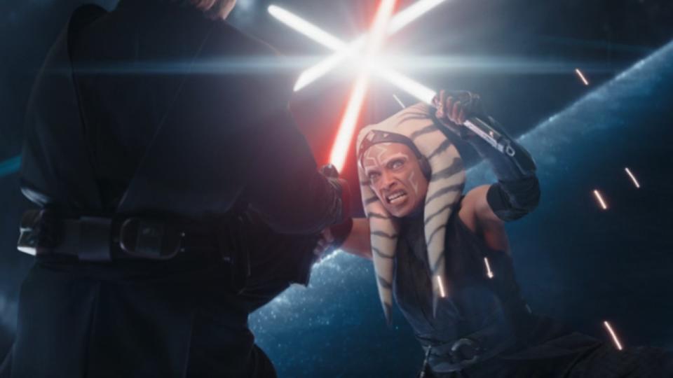 Still from the Star Wars T.V. series Ahsoka, season 1, episode 5. Ahsoka fights Vader again.