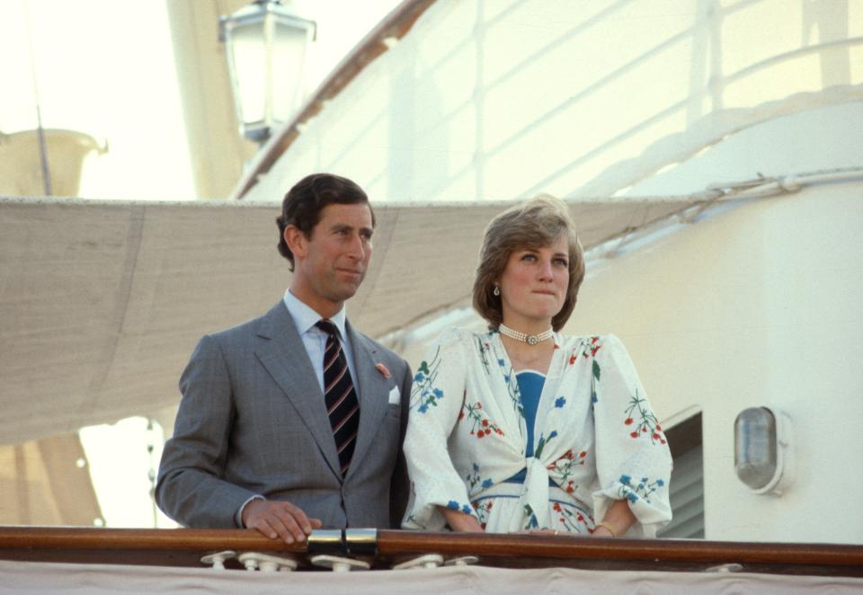 Prince Charles and Princess Diana on board the Royal yacht Britannia as they prepare to depart on their honeymoon cruise in 1981.