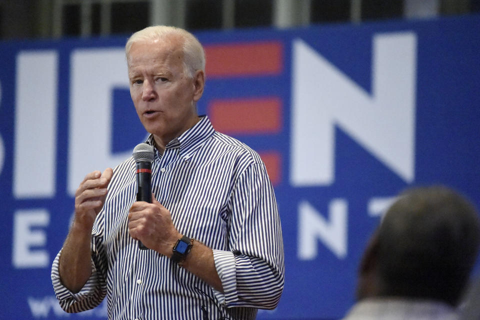 Former Vice President Joe Biden speaks, Wednesday, Aug. 28, 2019, at a town hall for his Democratic presidential campaign in Spartanburg, S.C. (AP Photo/Meg Kinnard)