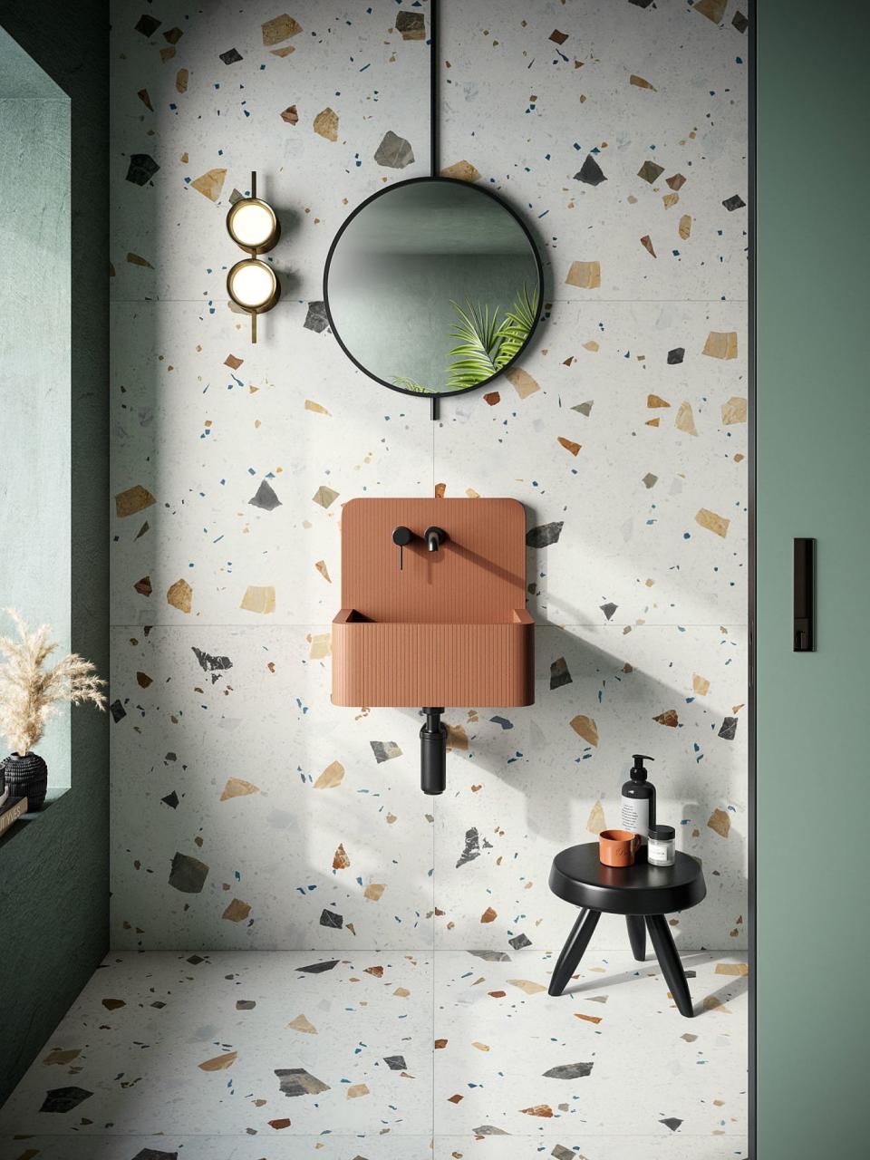 Introduce terrazzo for color and texture