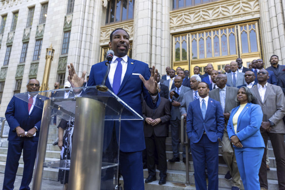 FILE – Atlanta Mayor Andre Dickens speaks at a news conference in front of Atlanta City Hall about the city's planned public safety training center on April 19, 2023. Opponents have collected signatures on a petition to "Stop Cop City," but analysis of petition entries by four news organizations finds its unclear whether petitioners have enough valid entries to force a citywide referendum (Arvin Temkar/Atlanta Journal-Constitution via AP)