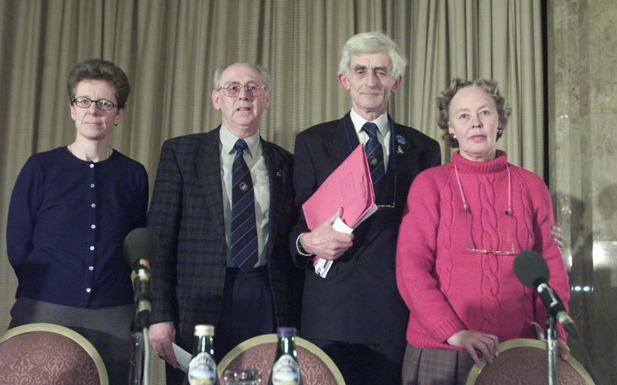 Dr Jim Swire and his wife Jane, on the right, with fellow campaigners Pamela Dix and Rev John Mosey at a press conference after the end of the Lockerbie trial in 2001