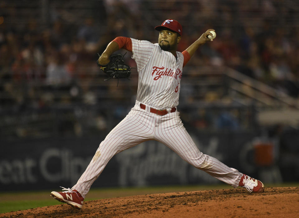 Reading pitcher Elniery Garcia (8)Reading Fightin Phils vs Bowie Baysox in a minor league class Double A baseball game at FirstEnergy Stadium. Photo by Jeremy Drey 8/15/2017 (Photo By Jeremy Drey/MediaNews Group/Reading Eagle via Getty Images)