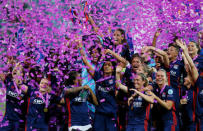 Soccer Football - Women's Champions League Final - Olympique Lyonnais vs VfL Wolfsburg - Valeriy Lobanovskyi Stadium, Kiev, Ukraine - May 24, 2018 Lyon celebrate with the trophy after winning the Champions League Final REUTERS/Valentyn Ogirenko