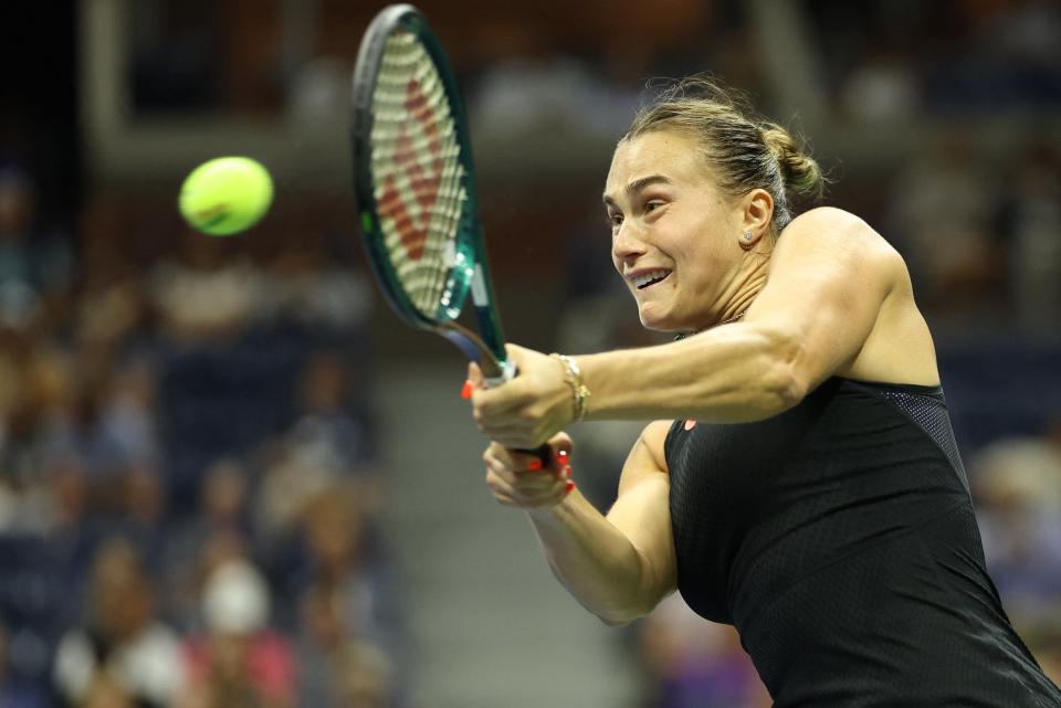 Belarus's Aryna Sabalenka hits a return to China's Zheng Qinwen during their women's quarterfinals match on day nine of the US Open tennis tournament at the USTA Billie Jean King National Tennis Center in New York City, on September 3, 2024. (Photo by CHARLY TRIBALLEAU / AFP) (Photo by CHARLY TRIBALLEAU/AFP via Getty Images) (AFP via Getty Images)