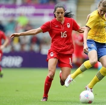 Sweden's Emma Berglund, right, vies for the ball with Canada's Jonelle Filigno, left, during the group F women's soccer match at St James' Park in Newcastle, England, during the London 2012 Summer Olympics, Tuesday, July 31, 2012. (AP Photo/Scott Heppell)