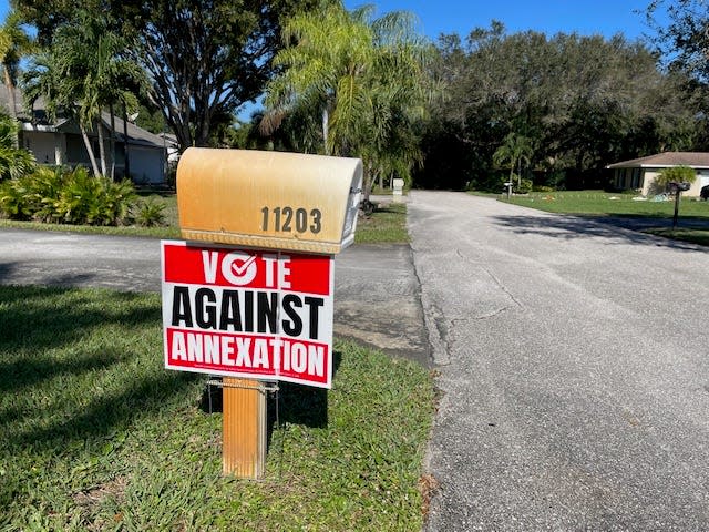 A sign against annexation in the Monet Gardens neighborhood in unincorporated Palm Beach Gardens. The enclave, surrounded by the city, has 113 residences and 240 residents that could be annexed into Gardens if voters approve it in March.