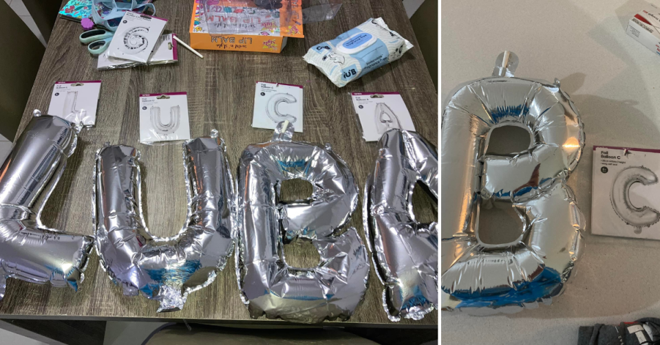 Kmart silver balloon letters, spelling LUBA; balloon letter B next to packet labelled 