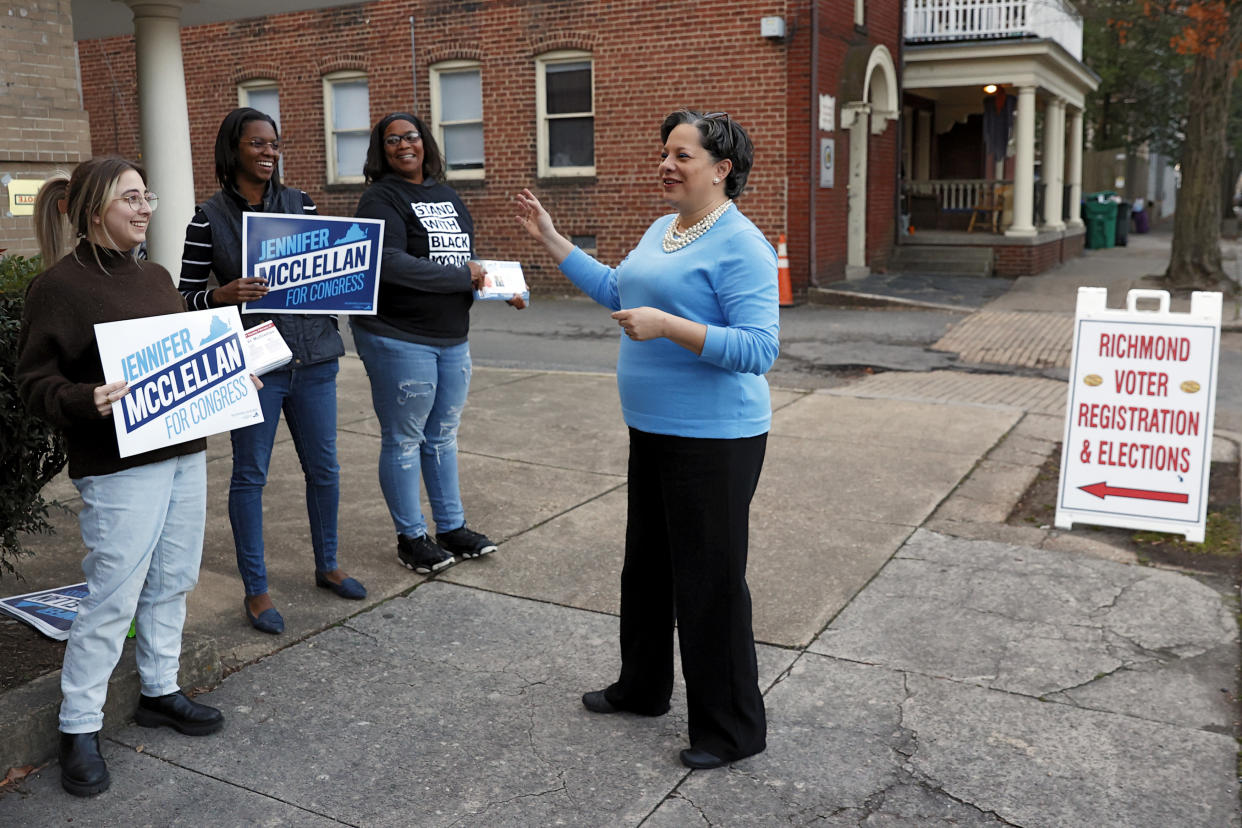 State Sen. Jennifer McClellan, D-Richmond, greets volunteers outside of the Tabernacle Baptist Church polling station in Richmond, Va., on Tuesday, Feb. 21, 2023. McClellan is running to succeed Rep. Donald McEachin, D-4th. McClellan would be the first African American woman to represent Virginia in Congress and would give Virginia a record four women in its congressional delegation. (Eva Russo/Richmond Times-Dispatch via AP)
