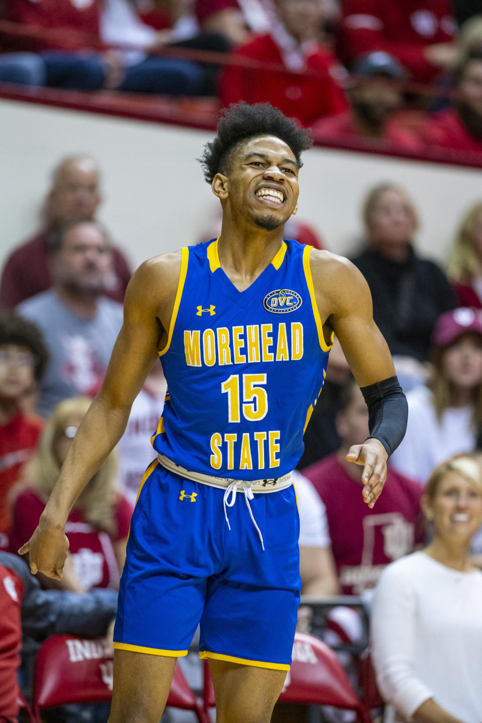 Morehead State guard Kalil Thomas (15) reacts after taking a shot during the first half of an NCAA college basketball game against Indiana, Monday, Nov. 7, 2022, in Bloomington, Ind. (AP Photo/Doug McSchooler)