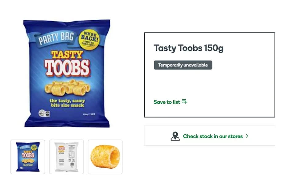 Tasty Toobs shown on Woolworths website as temporarily unavailable. Source: Woolworths website