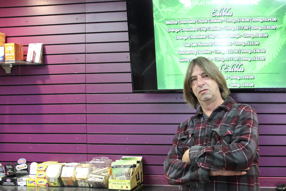 CORRECTS TO SAY THE FUTURE OF HIS BUSINESS IS HAZY - Alaska marijuana grower Dane Wyrick poses for photos at his Danish Gardens cultivation and retail location in Anchorage, Alaska, Monday, Aug. 26, 2019. Wyrick said the future of his business is hazy, in part because of the tax the state of Alaska places on cultivators, which bear the burden of the taxation in the market. (AP Photo/Mark Thiessen)