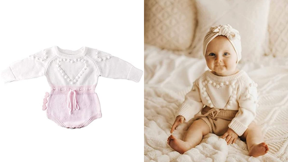 Valentine's Day outfits and pajamas for kids: The pompoms really make this adorable one-piece.