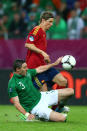 GDANSK, POLAND - JUNE 14: Fernando Torres of Spain clashes with Stephen Ward of Republic of Ireland during the UEFA EURO 2012 group C match between Spain and Ireland at The Municipal Stadium on June 14, 2012 in Gdansk, Poland. (Photo by Michael Steele/Getty Images)