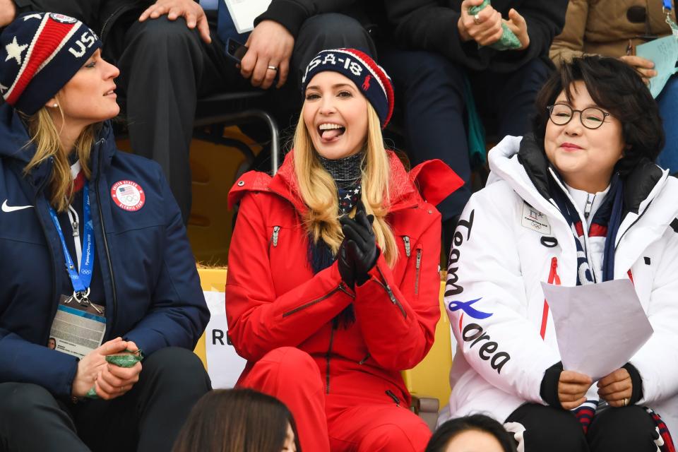 <p>Ivanka Trump (C),wife of Korean President Moon Jae-in, Kim Jung-sook (R)and US IOC member Angela Ruggiero (L) watch the final of the men’s snowboard big air event at the Alpensia Ski Jumping Centre during the Pyeongchang 2018 Winter Olympic Games on February 24, 2018 in Pyeongchang. / AFP PHOTO / FRANCK FIFE (Photo credit should read FRANCK FIFE/AFP/Getty Images) </p>