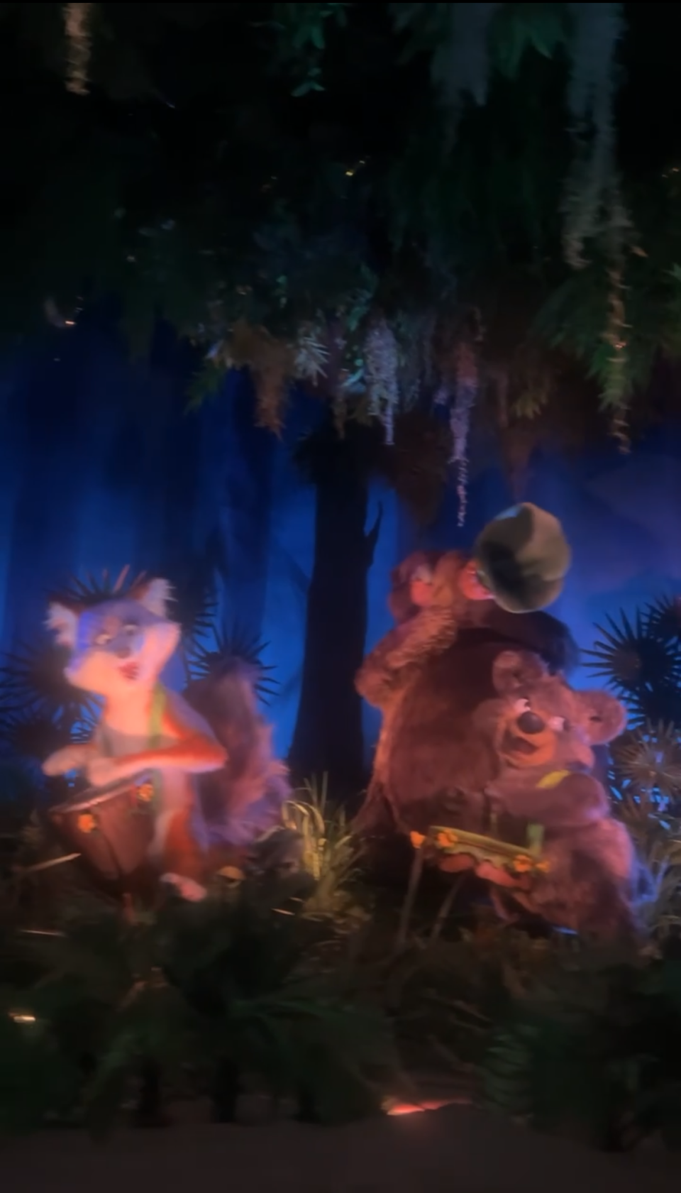 Animatronic scene from Disney's Country Bear Jamboree featuring Henry, Liver Lips McGrowl, Teddi Barra, and Gomer performing in a forest setup