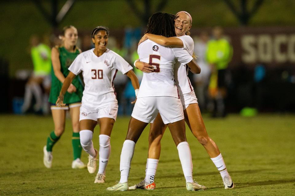 The Florida State Seminoles celebrate a goal against the Notre Dame Fighting Irish on Thursday, Oct. 12, 2023.