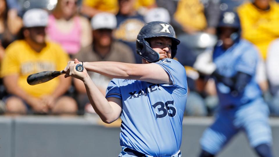 Xavier's Matt McCormick #35 in action, at bat against West Virginia during an NCAA baseball game on Sunday, March 26, 2023, in Morgantown, W. Va.