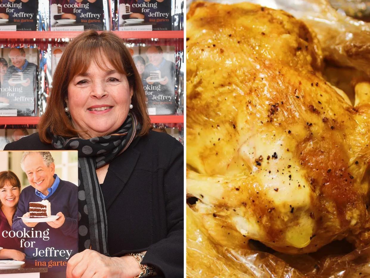 ina garten holding one of her cookbooks next to a photo of roast chicken