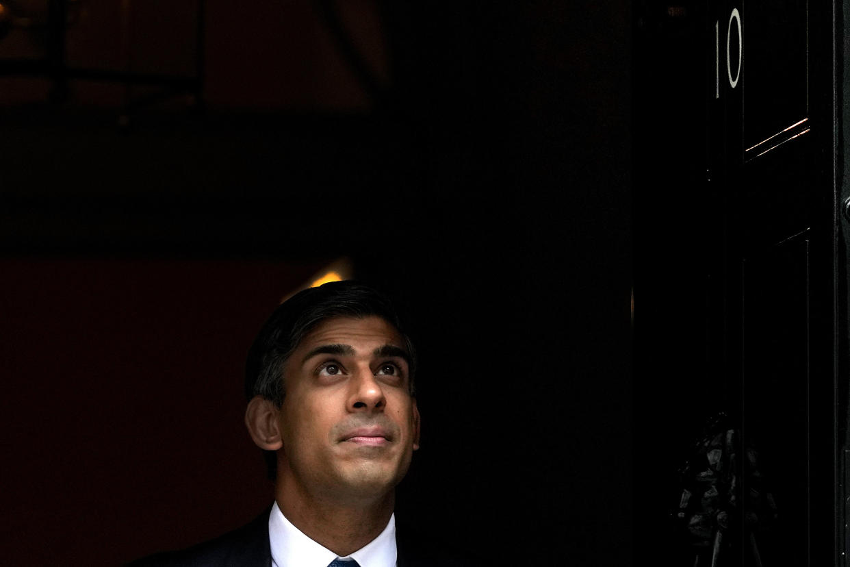 Britain's Prime Minister Rishi Sunak leaves 10 Downing Street to attend the weekly Prime Ministers' Questions session in parliament in London, Wednesday, July 19, 2023. (AP Photo/Frank Augstein)