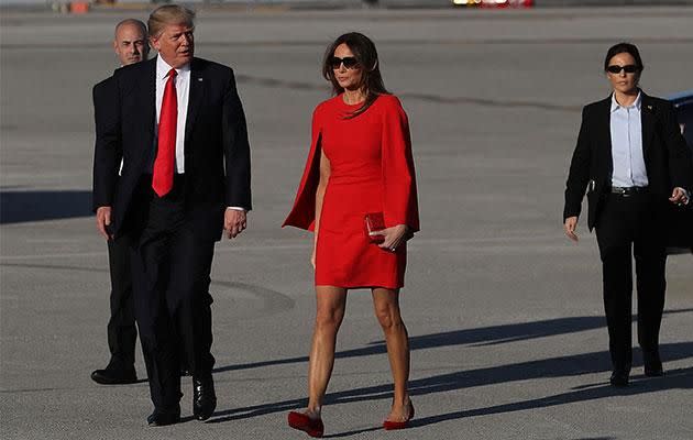 Once Trump clocks eyes on him, he's seen dropping Melania's hand, and awkwardly avoiding her attempts to hold hands again. Photo: Getty images