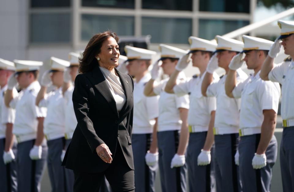 Vice President Kamala Harris enters Michie Stadium for the 2023 Graduation and Commissioning Ceremony on the campus of U.S. Military Academy at West Point on Saturday, May 27, 2023.