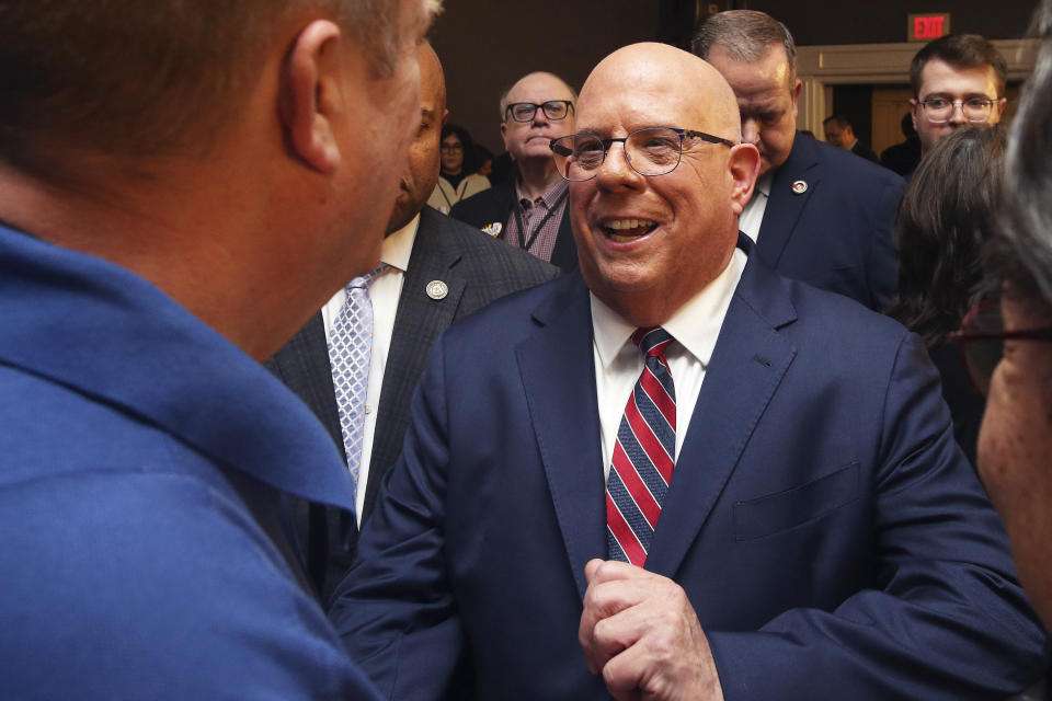 Former Maryland Gov. Larry Hogan speaks to supporters during a primary night election party Tuesday, May 14, 2024, in Annapolis, Md., after he won the GOP nomination for the U.S. Senate seat opened by Democratic Sen. Ben Cardin's retirement. (AP Photo/Daniel Kucin Jr.)