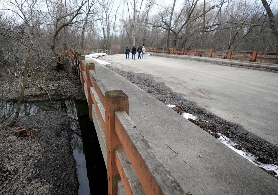 A bridge is seen on the Oak Leaf Trail between Highway 100 and South 106th Street in Greenfield on Thursday, March 9, 2023.  The bridge was originally built for vehicle traffic around 1970, with plans to have the Root River Parkway run between Cold Spring Road to the south and 108th Street.