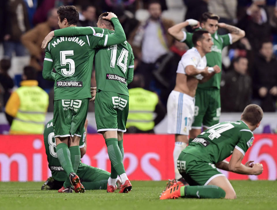 Leganes players celebrate their remarkable victory over Real Madrid in the Copa Del Rey quarterfinals. (Getty)