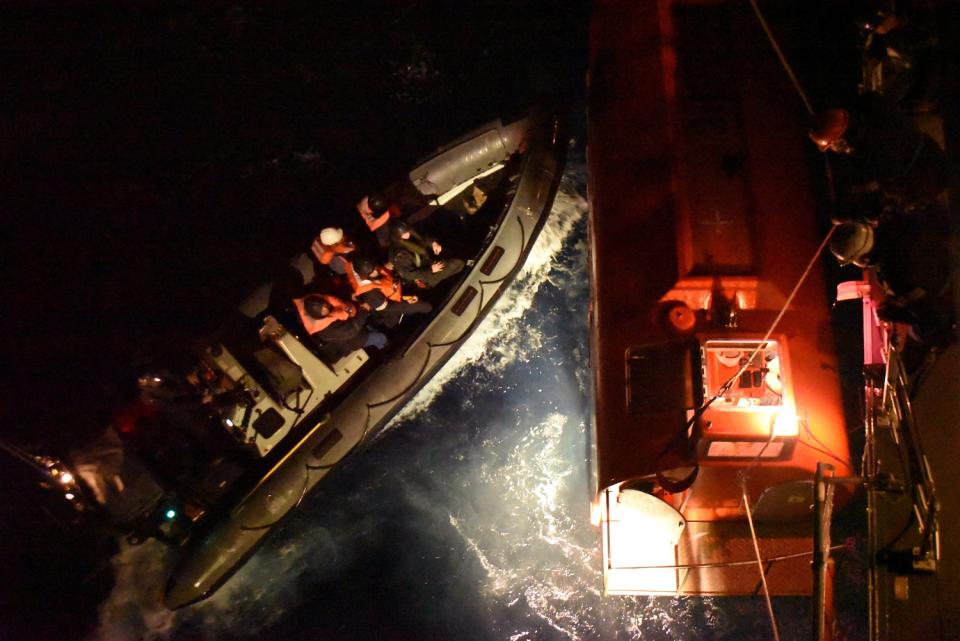 The HMS Argyll stepped in after the 28,000 tonne MV Grande America got into difficulties in rough seas in the Bay of Biscay. (SWNS)