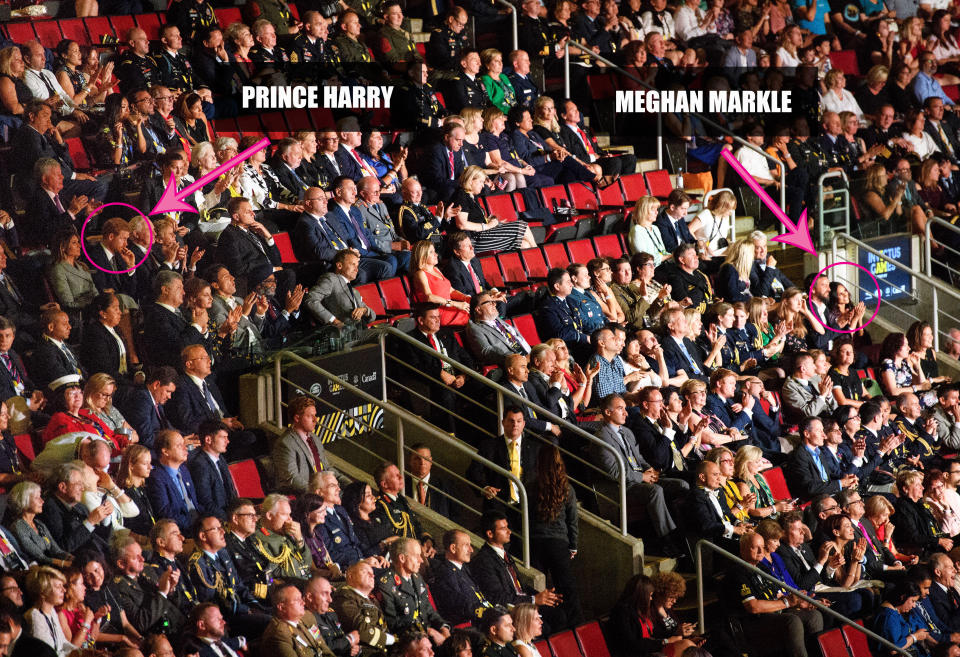 Melania Trump and Prince Harry, far left, and Meghan Markle, far right, at the Invictus Games (Photo: Rex)