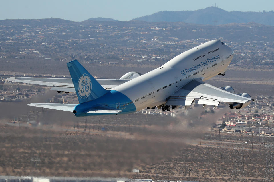 A General Electric (GE.N) Propulsion Test Platform plane takes off near Victorville, California, U.S. March 28, 2018. REUTERS/Lucy Nicholson