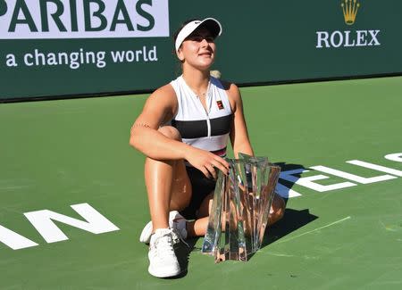 Mar 17, 2019; Indian Wells, CA, USA; Bianca Andreescu (CAN) with the championship trophy after defeating Angelique Kerber (not pictured) in the final match of the BNP Paribas Open at the Indian Wells Tennis Garden. Mandatory Credit: Jayne Kamin-Oncea-USA TODAY Sports