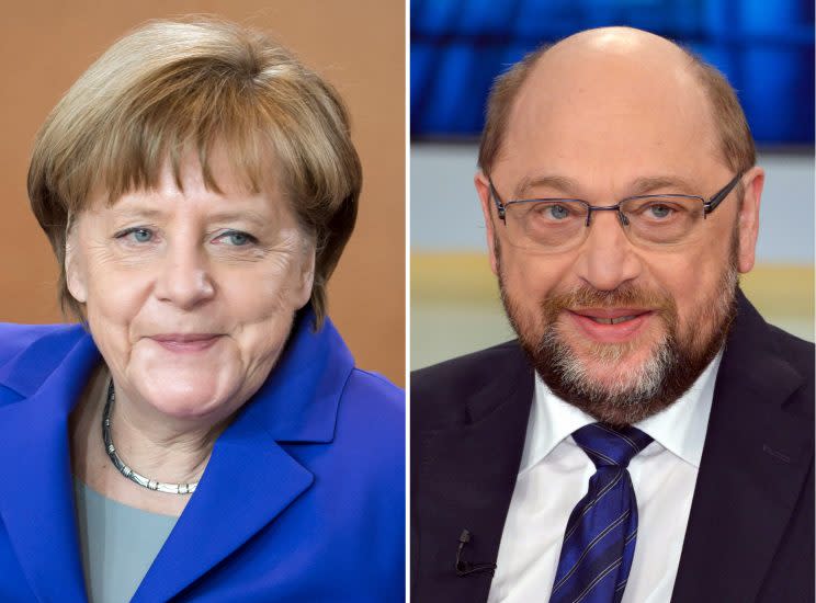 Angela Merkel muss sich zurzeit nicht besonders vor Herausforderer Martin Schulz fürchten (Bild: dpa)