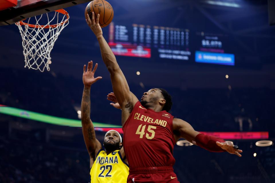 Cleveland Cavaliers guard Donovan Mitchell (45) shoots against Indiana Pacers forward Isaiah Jackson (22) during the first half on April 2.