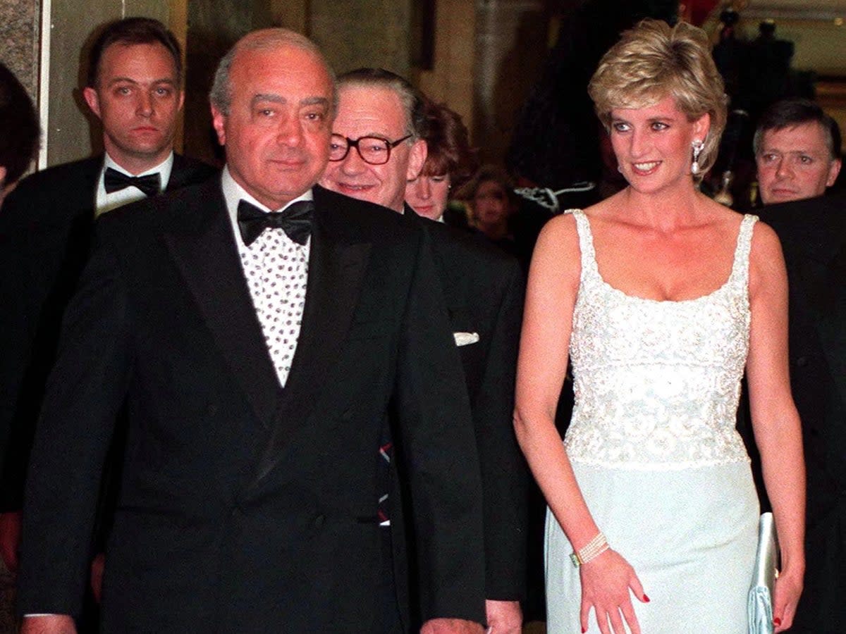Mohamed Al Fayed Dies Aged 94. Princess Diana with Mohammed Al Fayed attending a charity dinner for the Harefield Heart Unit held at Harrods, London, February 1996 (Getty Images)