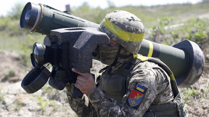 A Ukrainian serviceman with an American made anti-tank guided missile (ATGM) Javelin is seen during military exercises at a training ground not far from the Rivne city, Ukraine in 2021. (Anatolii Stepanov/Anadolu Agency via Getty Images)